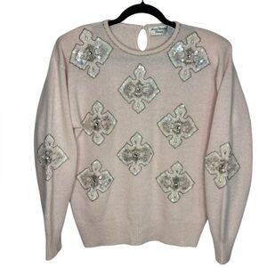 VTG Marisa Christina Coquette Light Pink Sequin Sweater Lambs Wool Angora
